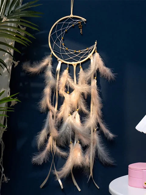 Moon Dream Catcher Feather Wind Chimes Wall Bedroom Hanging Ornaments (Cream)