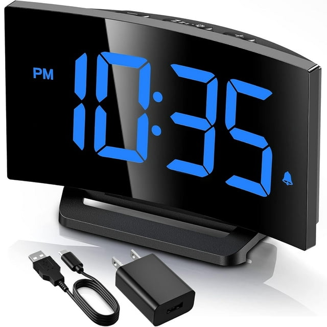 Clock with Modern Curved Design, Display Digital Alarm Clock for Bedrooms, 6 Levels Brightness, 3 Alarm Tones & 2 Volume, 9min Snooze, Battery Backup, 12/24Hr