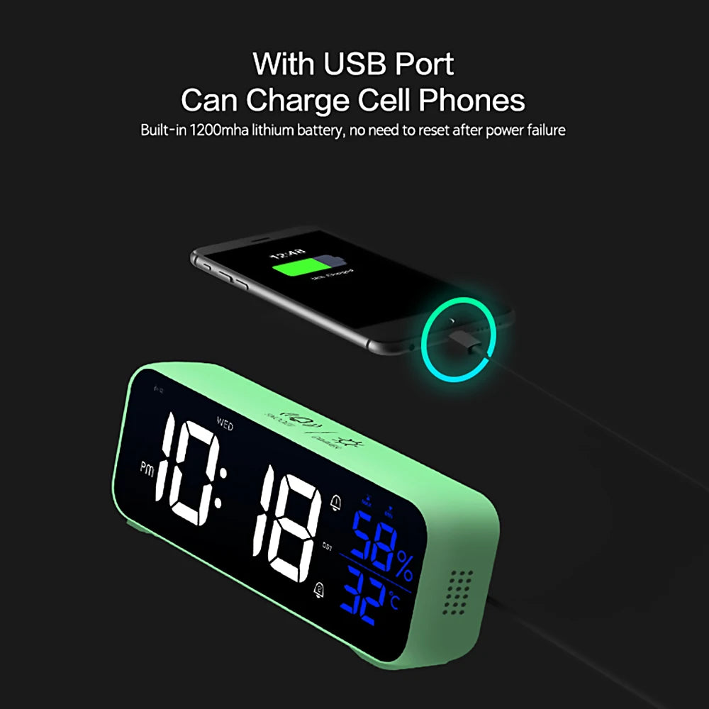 LED Digital Alarm Clock Music Voice Control 12000mAh Desktop Clocks for Home Table Decoration (White)