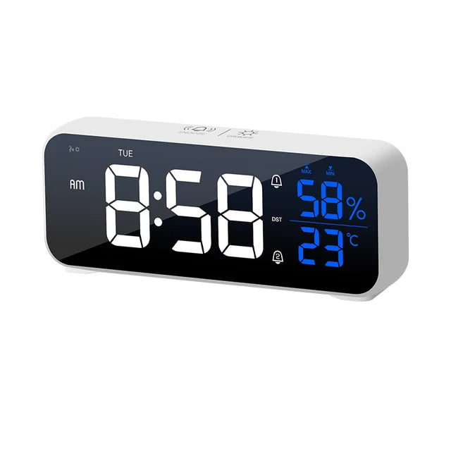 LED Digital Alarm Clock Music Voice Control 12000mAh Desktop Clocks for Home Table Decoration (White)