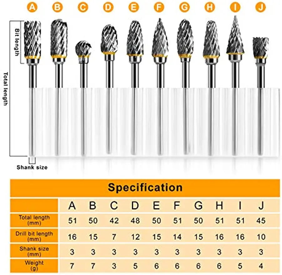 10 pcs 1/8" Shank Tungsten Carbide Milling Cutter Rotary Tool Burr Double Diamond Cut Rotary Dremel Tools Electric Grinding