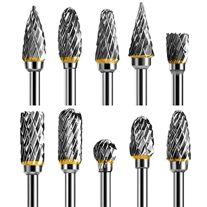 10 pcs 1/8" Shank Tungsten Carbide Milling Cutter Rotary Tool Burr Double Diamond Cut Rotary Dremel Tools Electric Grinding