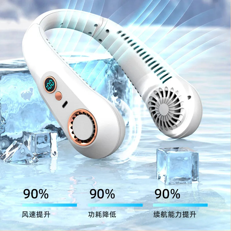 Portable Mini Hanging Neck Fan Bladeless Neckband Fan Digital Display Power Air Cooler USB Rechargeable Electric Fan, White