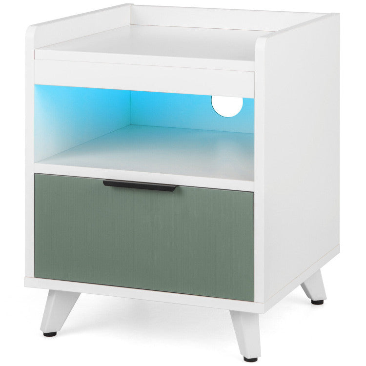 Modern Nightstand with LED Lights Sliding Drawer and Open Compartment