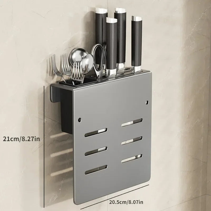 Wall-Mounted Kitchen Knife Holder with Cutting Board &amp; Chopstick Storage Rack (Gray)