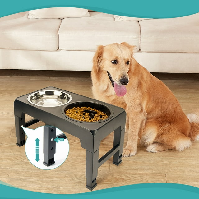 Raised Dog Bowl with Slow Fooding Bowl and Water Bowl, 4 Height Adjustable