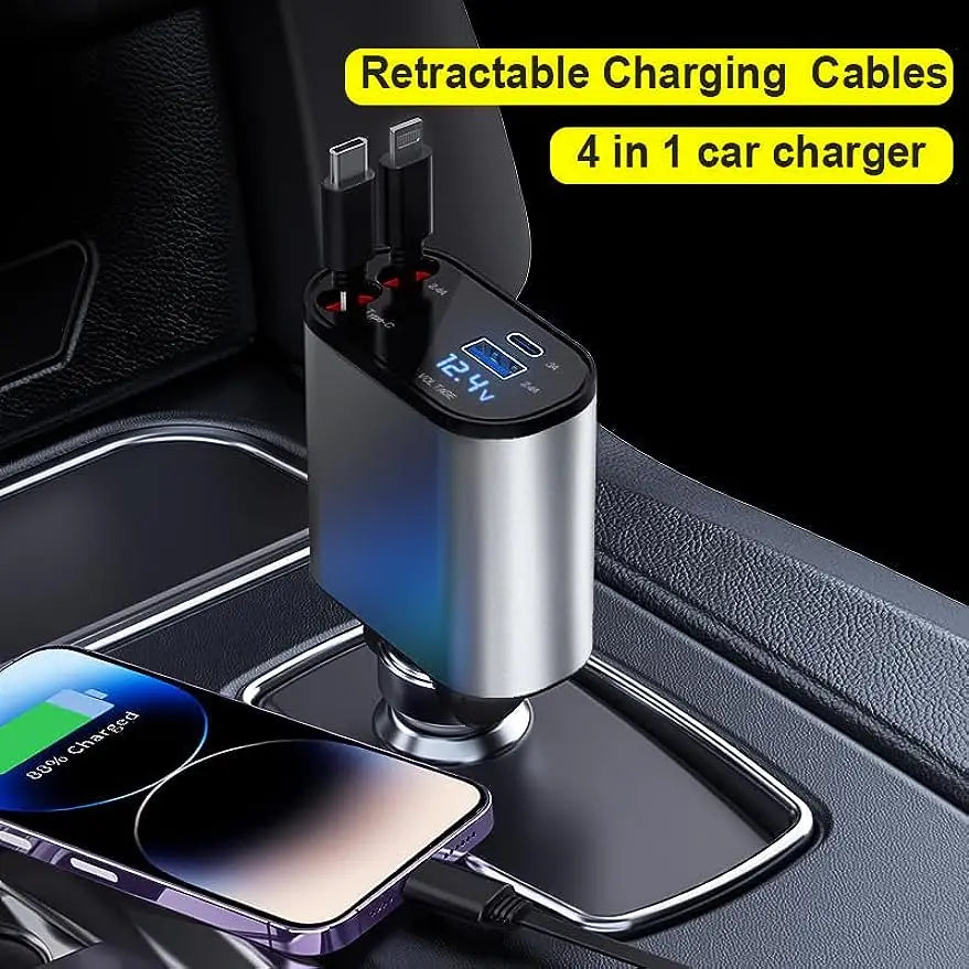 4 in1 Fast Car Phone Charger 60W, Retractable Cables (2.6Ft) and 2 USB Ports Car Charger Adapter