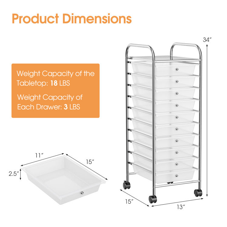 Storage Cart Organizer with 10 Compartments and 4 Universal Casters, Transparent