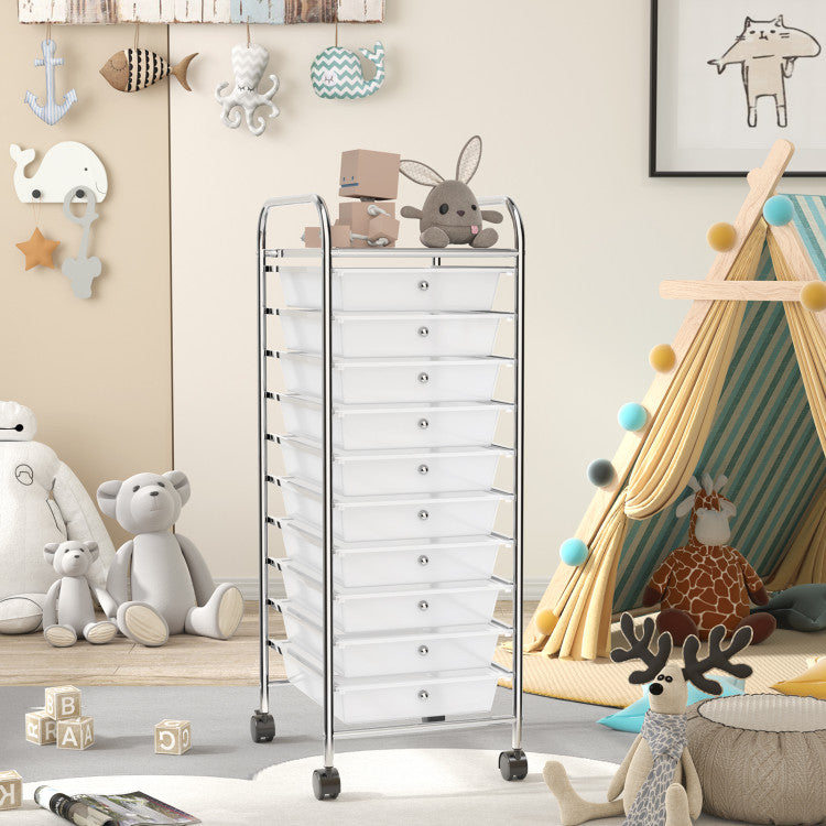 Storage Cart Organizer with 10 Compartments and 4 Universal Casters, Transparent