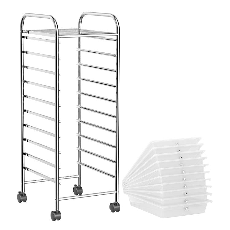 Storage Cart Organizer with 10 Compartments and 4 Universal Casters, Transparent