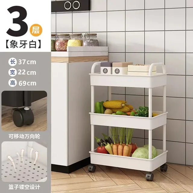 Multi-Tier Storage Trolley for Kitchen Bath Bedroom Organization (White, 3-Tier)