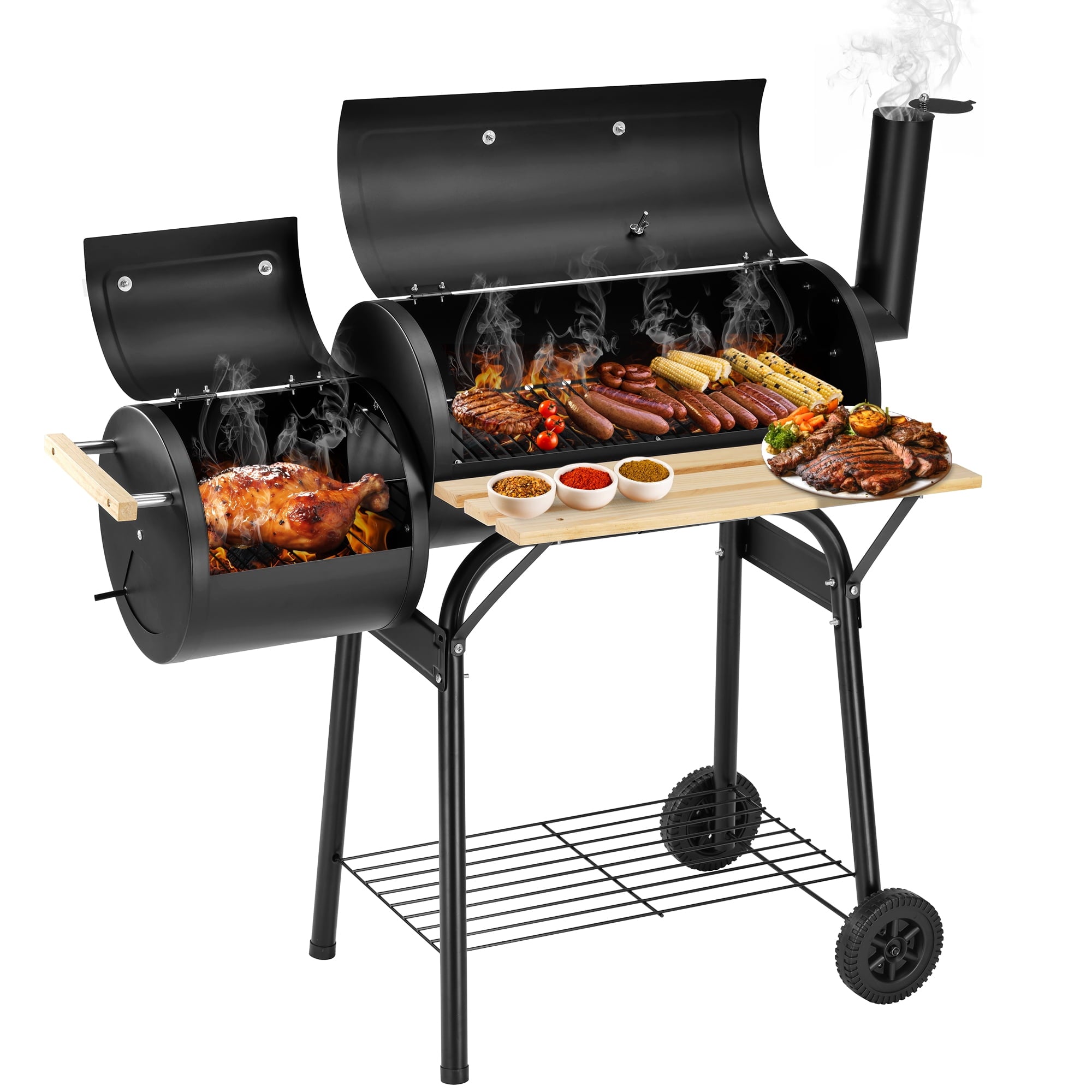 Portable Charcoal Grill with Offset Smoker, Side Table and Wheels, Black