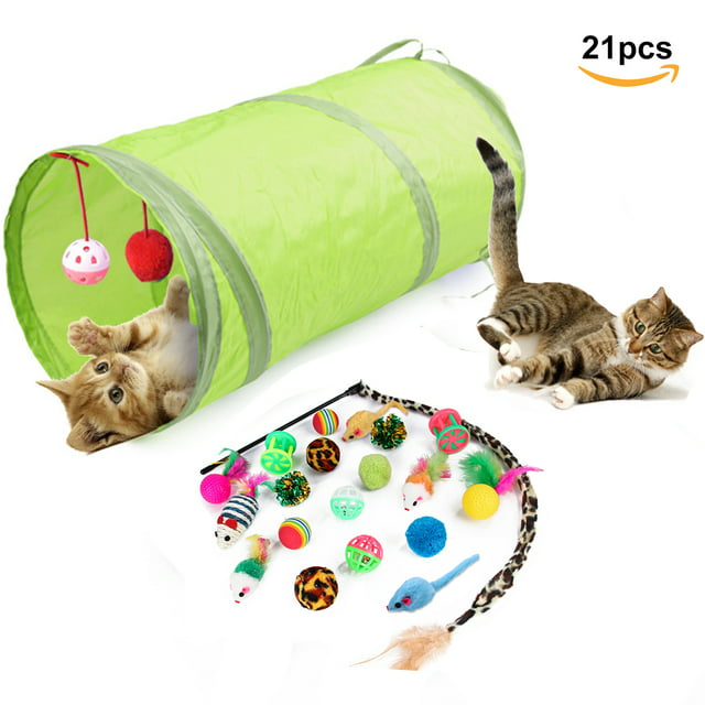 Cat Toys Kitten 21 Pcs Toys Assortments Tunnel Teaser Fluffy Mouse Crinkle Balls for Cat