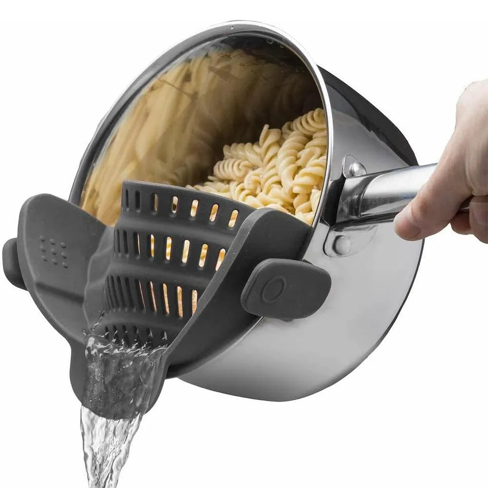 Silicone Kitchen Strainer Clip On Pots and Pans Drain Rack Pasta Noodle Vegetable Fruit Strainer Colander Kitchen Gadgets, Gray