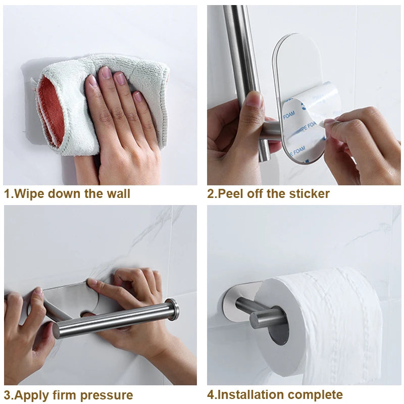 Stainless Steel Paper Towel Holder Adhesive Toilet Roll Paper Holder (Black Short)