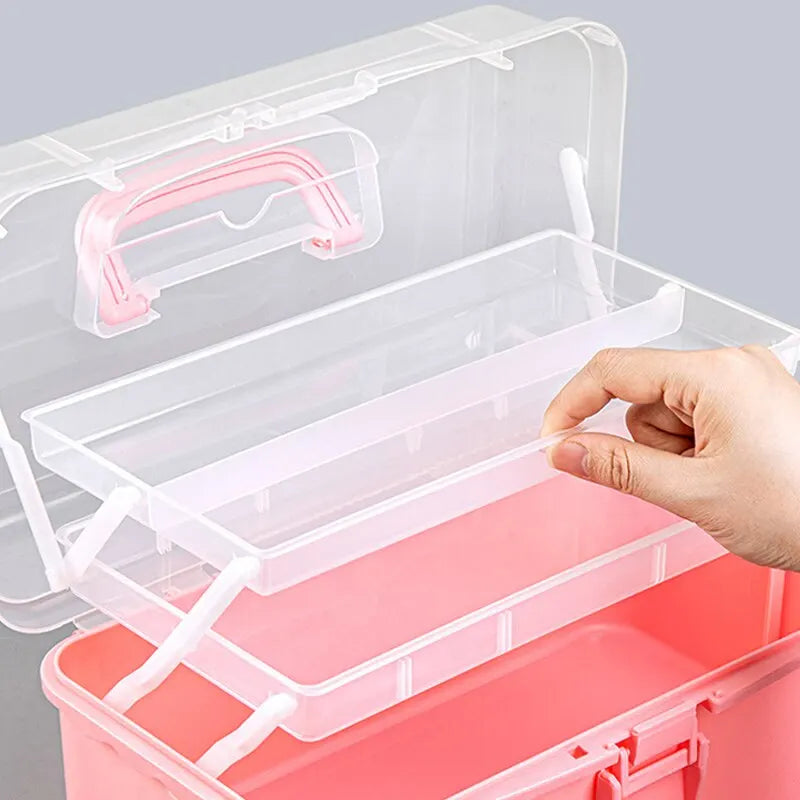 Plastic Craft Storage Box, Three-layer Transparent Sewing Storage Box, Folding Tool Box, Pink