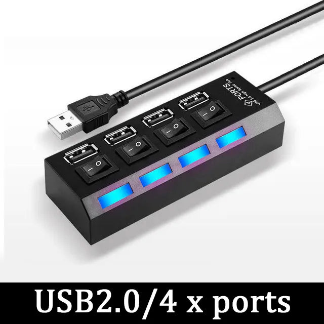 USB 4 Port Multi USB Splitter Hub USB Hub 2.0 USB Multiple Expander Switch 30CM Cable Hub Docking Stations, Black