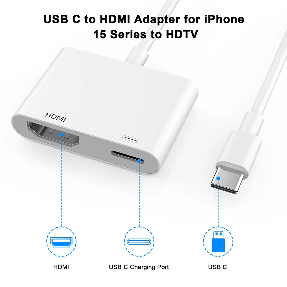 USB C to HDMI Adapter For iPhone 15 Pro Type C Digital AV Adapter 4K Sync Screen Connector For iPhone to HDTV Projector Monitor