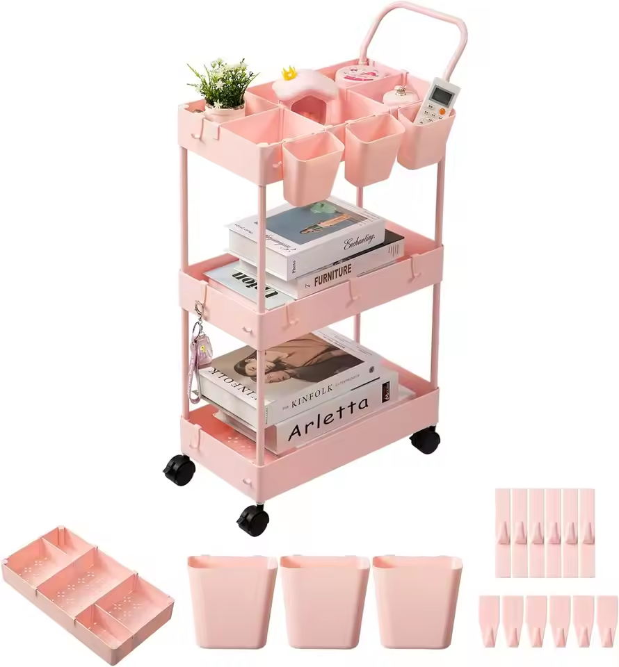 Portable Rolling Utility Cart 3-Tier for Bathroom Organizer (Pink)