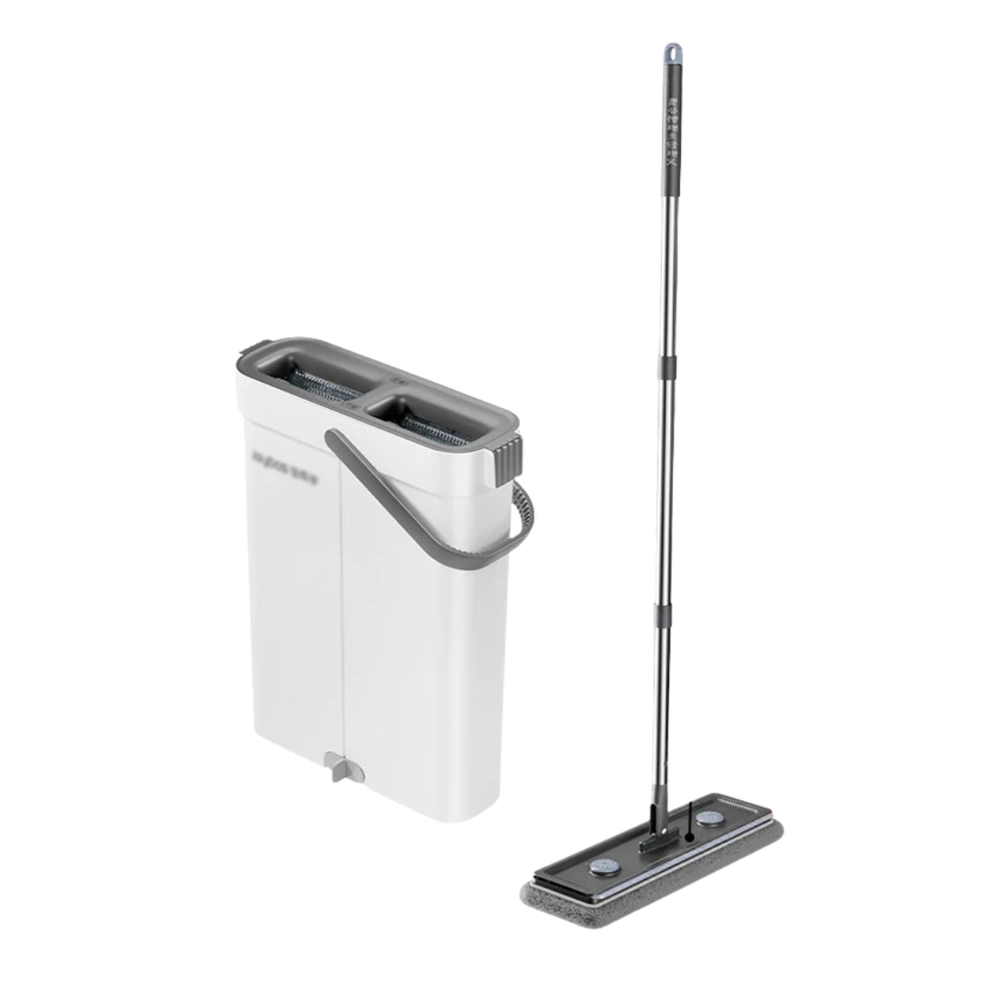 Slim Self-Wringing Flat Mop &amp; Bucket Set – Space-Saving Cleaning System with 2 Washable Microfiber Pads