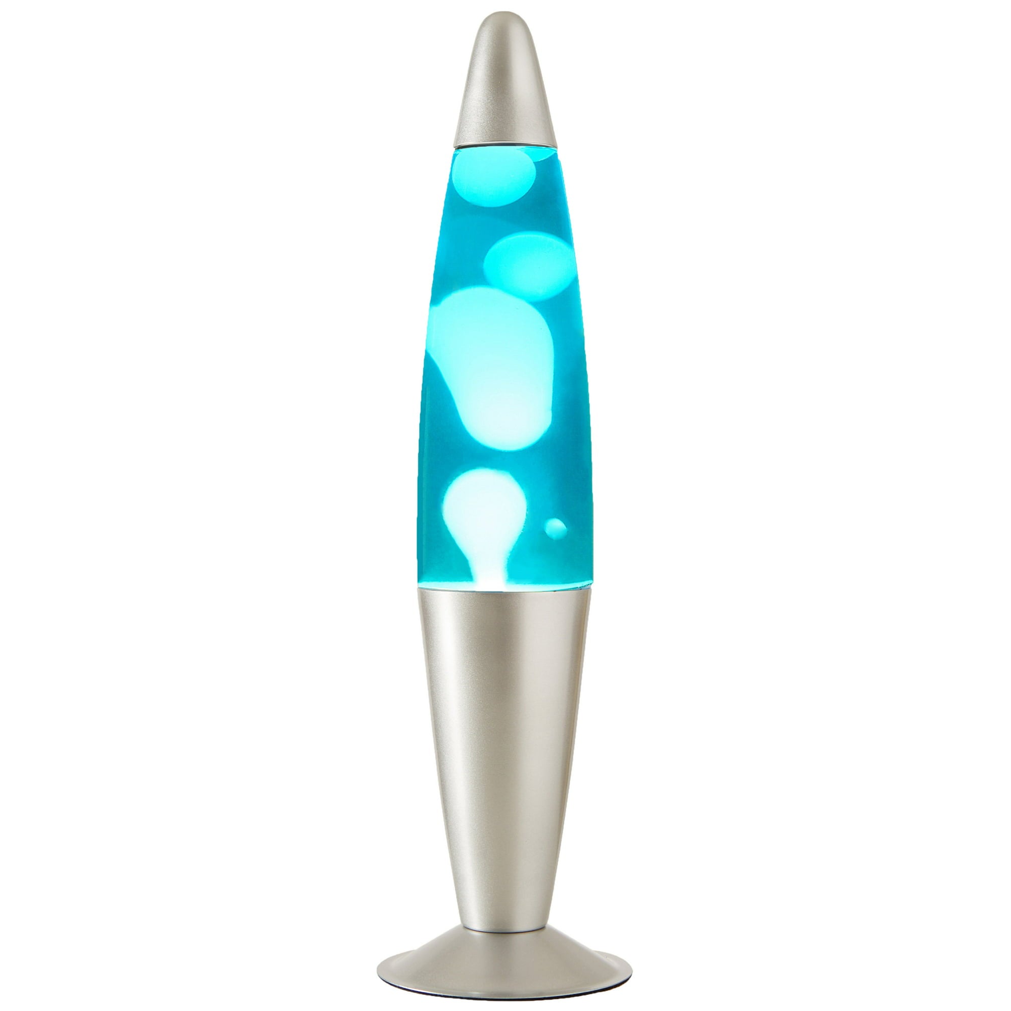 Blue Lava Motion Volcano LED Lamp 16", White Wax in Blue Liquid, Silver Metal Base