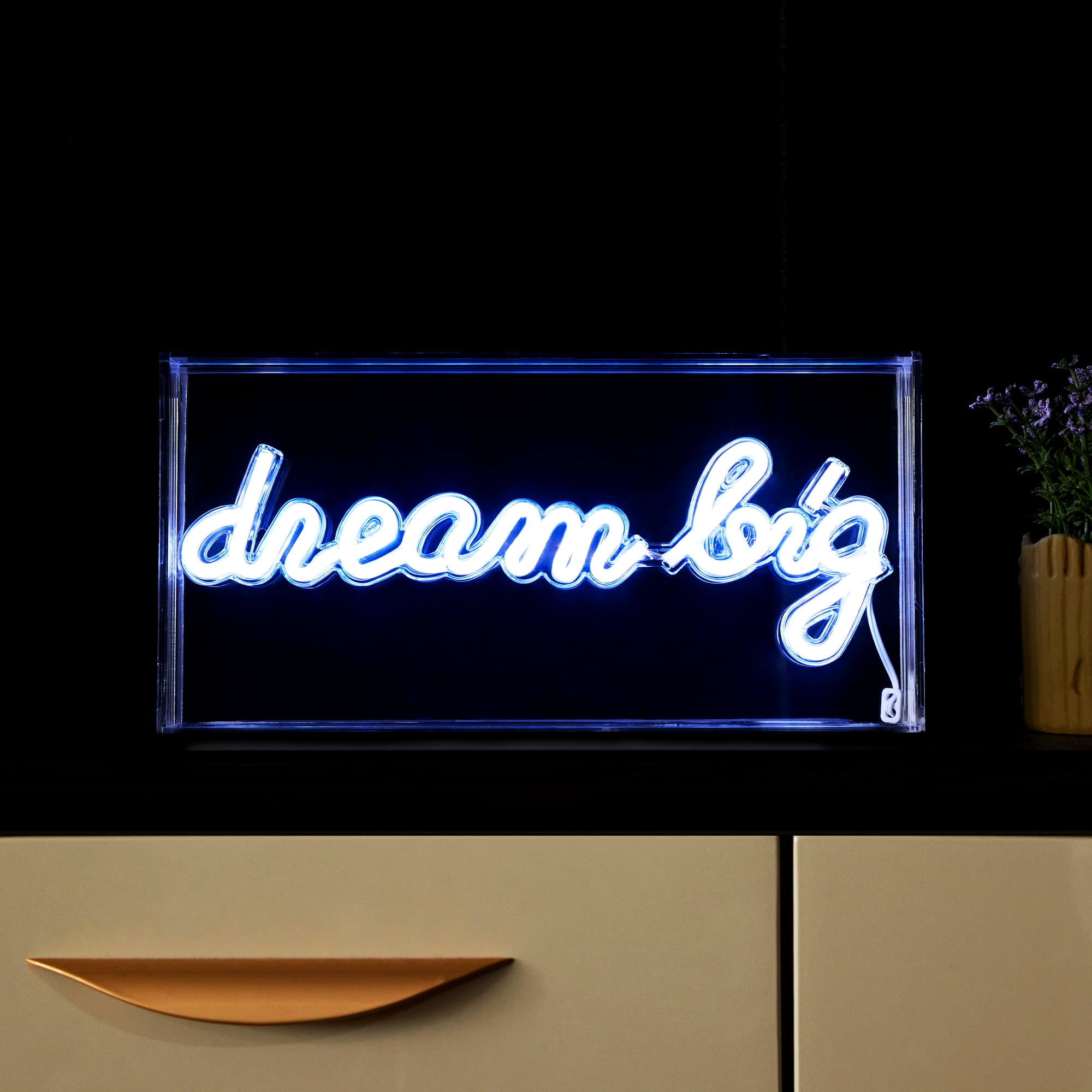 Dream Big LED Neon Clear Acrylic Box, Cool White