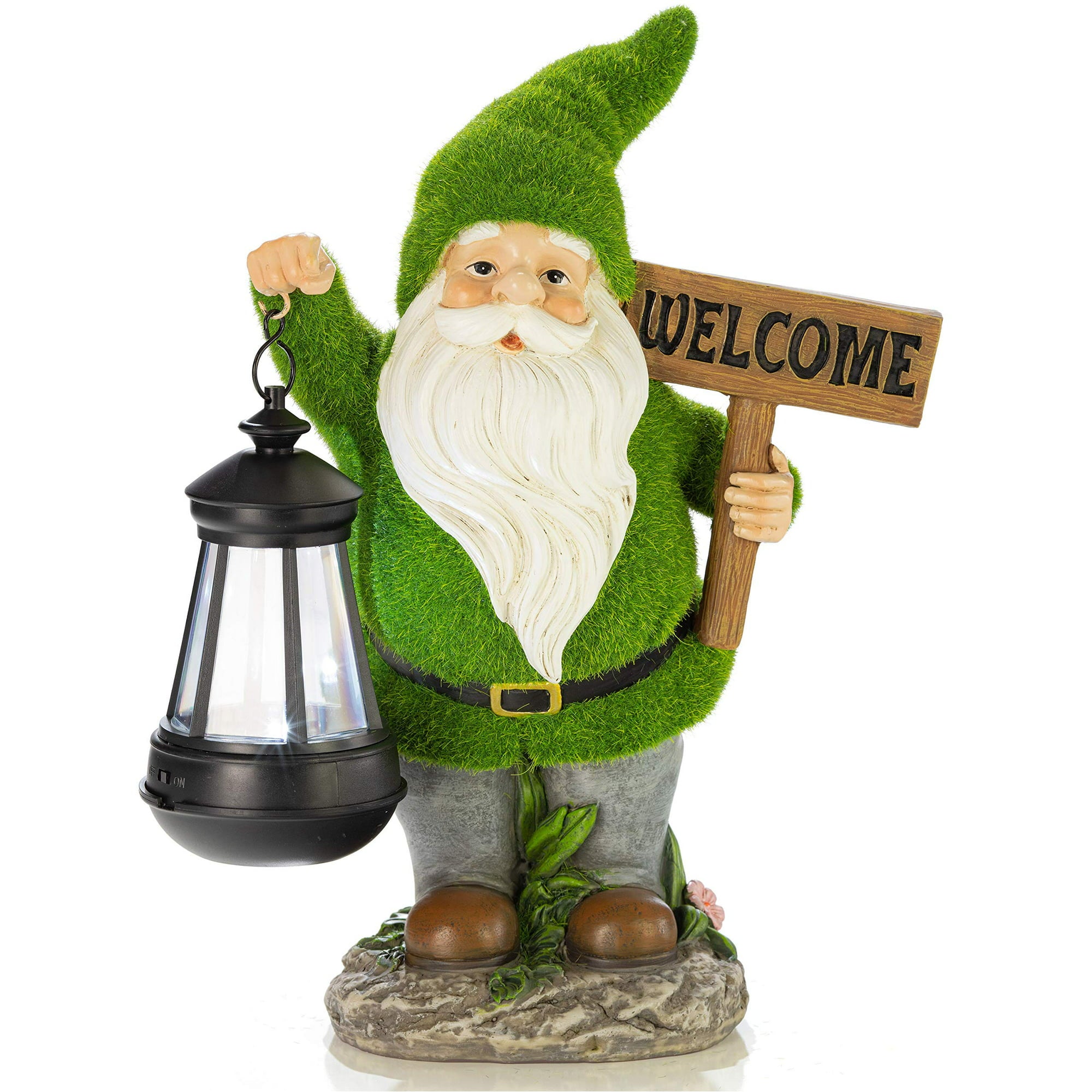 Solar Powered LED Lantern Gnome Welcome Flocked for Outdoor Garden