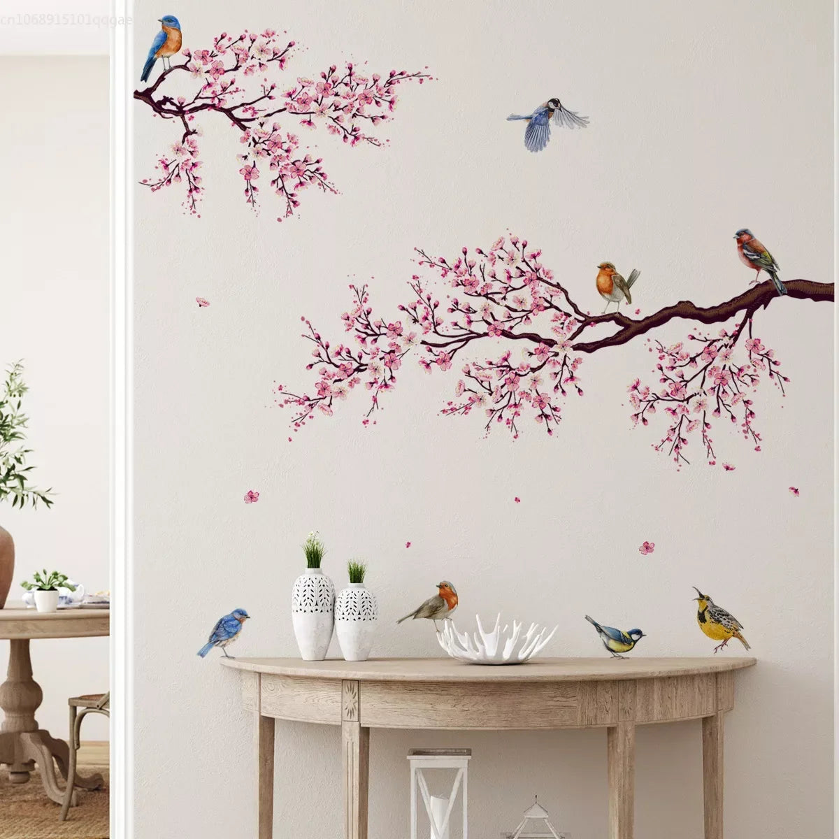 Pink Plum Tree Birds Home Room Decoration Poster Adhesive Wall Sticker