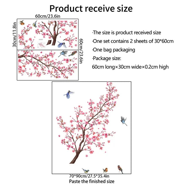 Pink Plum Tree Birds Home Room Decoration Poster Adhesive Wall Sticker