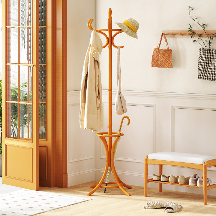 Wooden Standing Coat Rack with 12 Hooks (Natural)