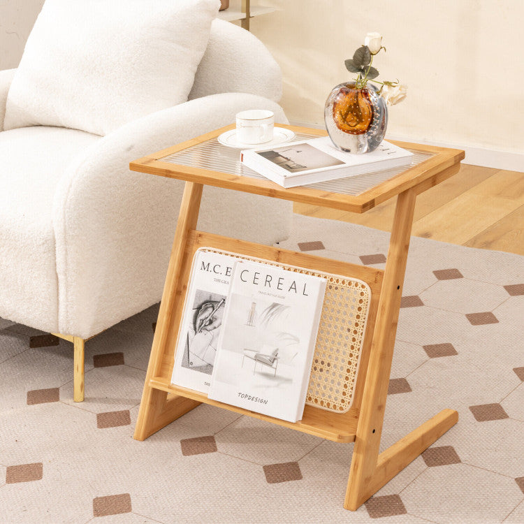Boho End Table with Magazine Rack and Tempered Glass Top (Natural)