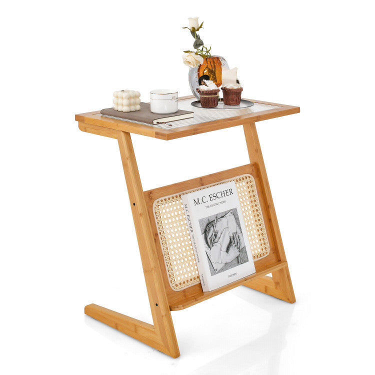 Boho End Table with Magazine Rack and Tempered Glass Top (Natural)