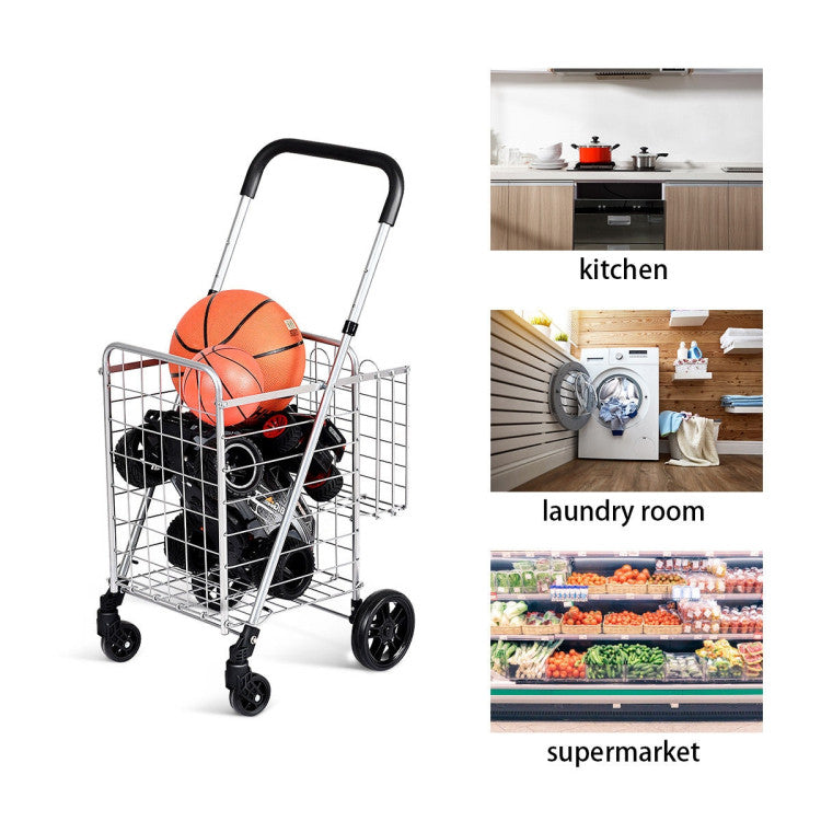 Folding Shopping Basket Rolling Trolley with Adjustable Handle