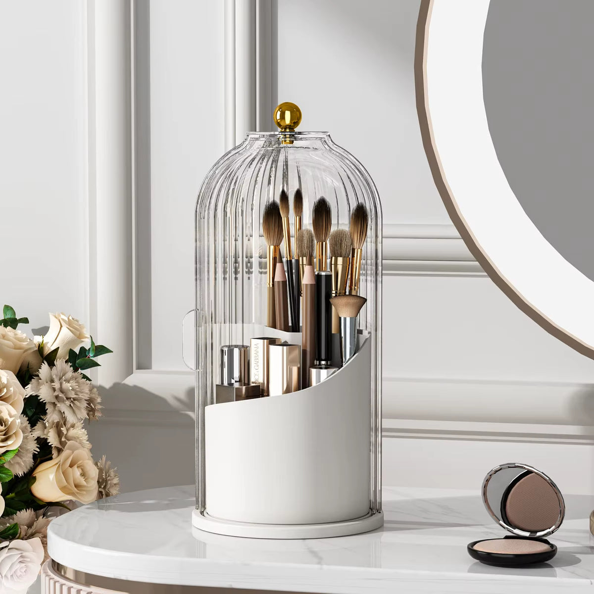 Rotating Makeup Brush Holder with Clear Lid and 3 Compartments (White)