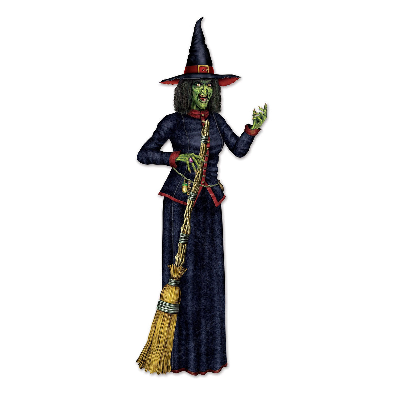 Pack of 12 Black and Red Jointed Witch with Broom Halloween Figurines 6.2'