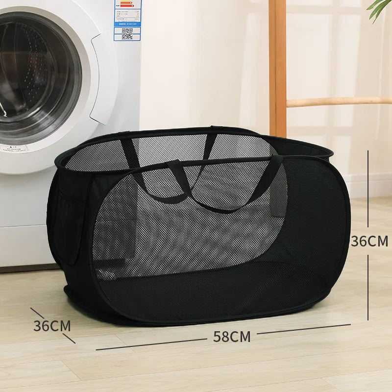 Horizontal Foldable Laundry Basket Mesh Cloth Breathable (Black)