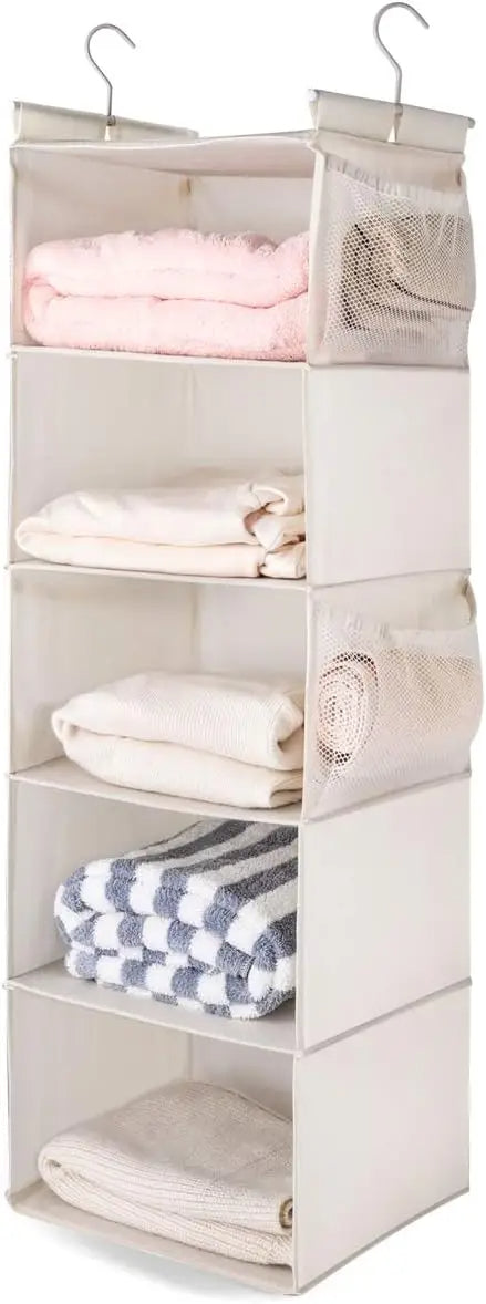 5-Pockets Hanging Closet Organizer Foldable Space Saver with Pockets (Beige)
