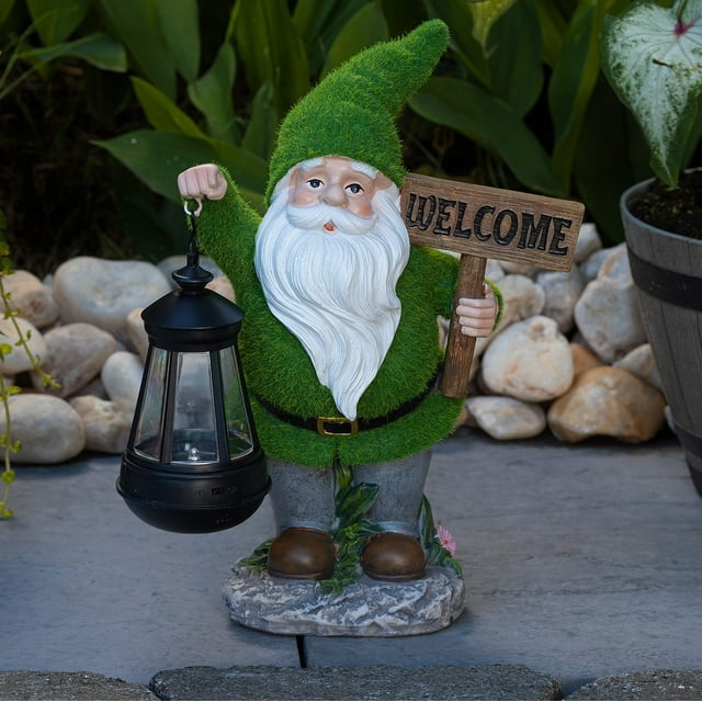 Solar Powered LED Lantern Gnome Welcome Flocked for Outdoor Garden