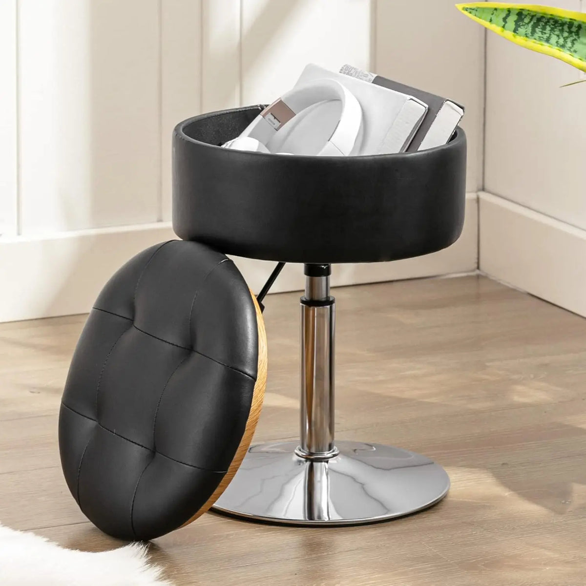 Faux Leather Vanity Chair with Storage Height Adjustable Makeup Stool (Black)