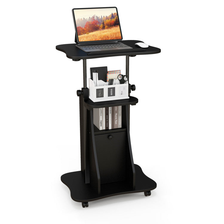 Adjustable Mobile Standing Desk Cart Tilt Desktop Cabinet with Door