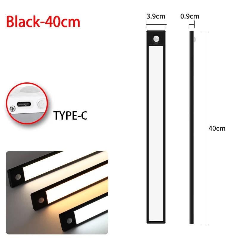 40cm Motion Sensor Wireless USB Cabinet Night Light, Black (Warm White)