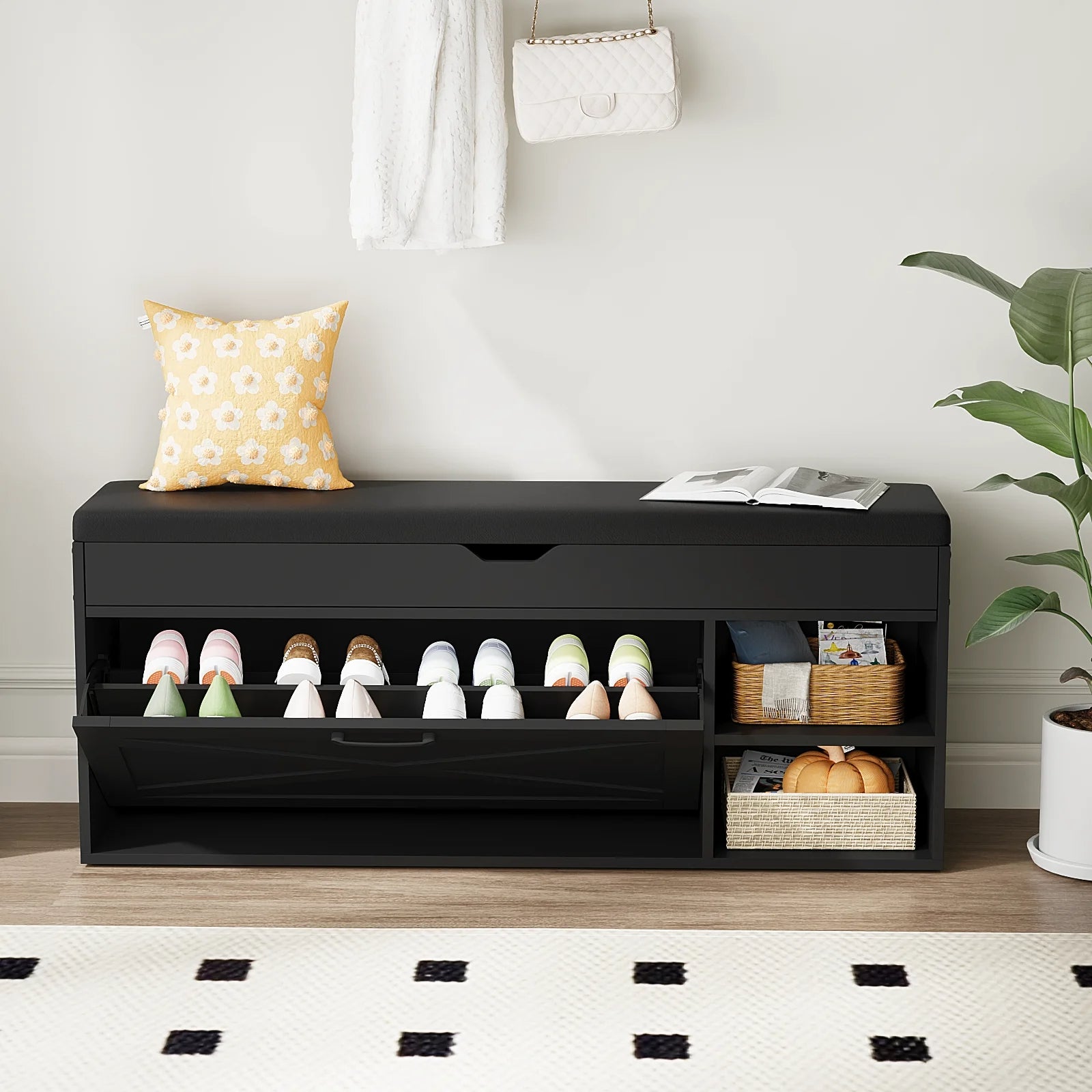 Shoe Bench Cabinet with 1 Flip Drawer & 2 Storage (Black)