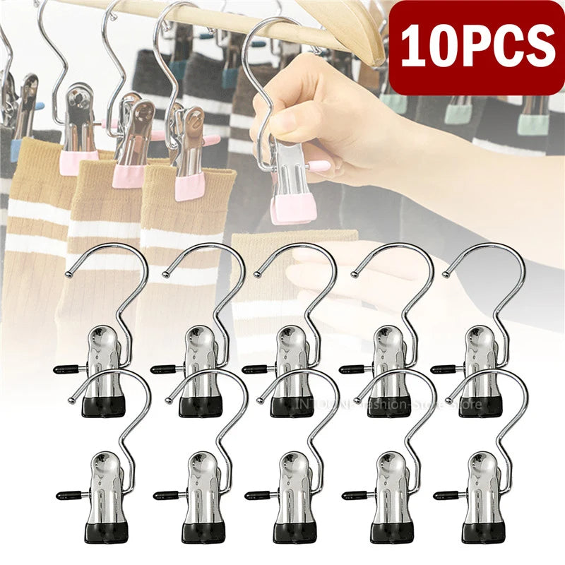 10-Pack Stainless Steel Clothespins with Hooks (Black)