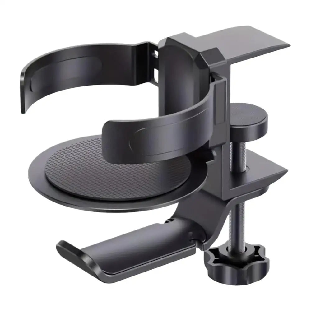 Clip-On Desk Cup Holder with Headphone Hook Rotating Game Desk Accessory (Black)