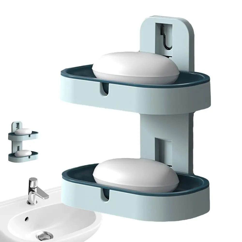 2-Layer Soap Dish Sponge Holder Double Drainage for Shower and Bathroom (Blue)