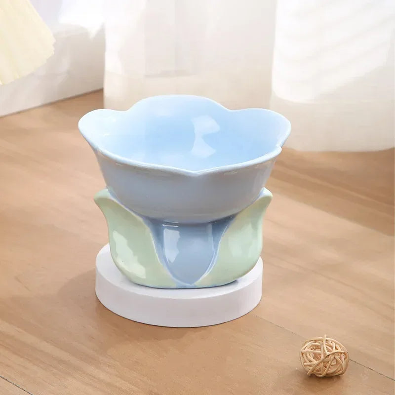 Raised Ceramic Cat Bowl Flower Pet Feeder for Small Dogs (Blue)