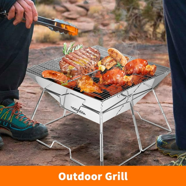 Portable Charcoal Grill Folding & Compact for BBQ on the Go (Silver)