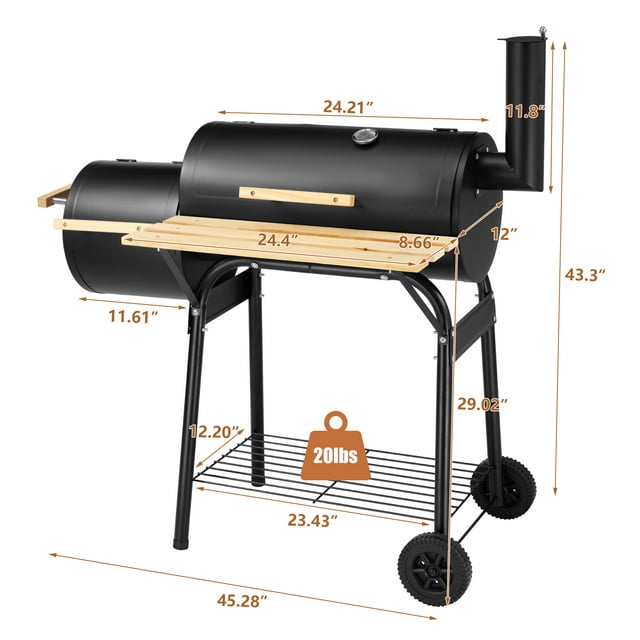 Portable Charcoal Grill with Offset Smoker, Side Table and Wheels, Black