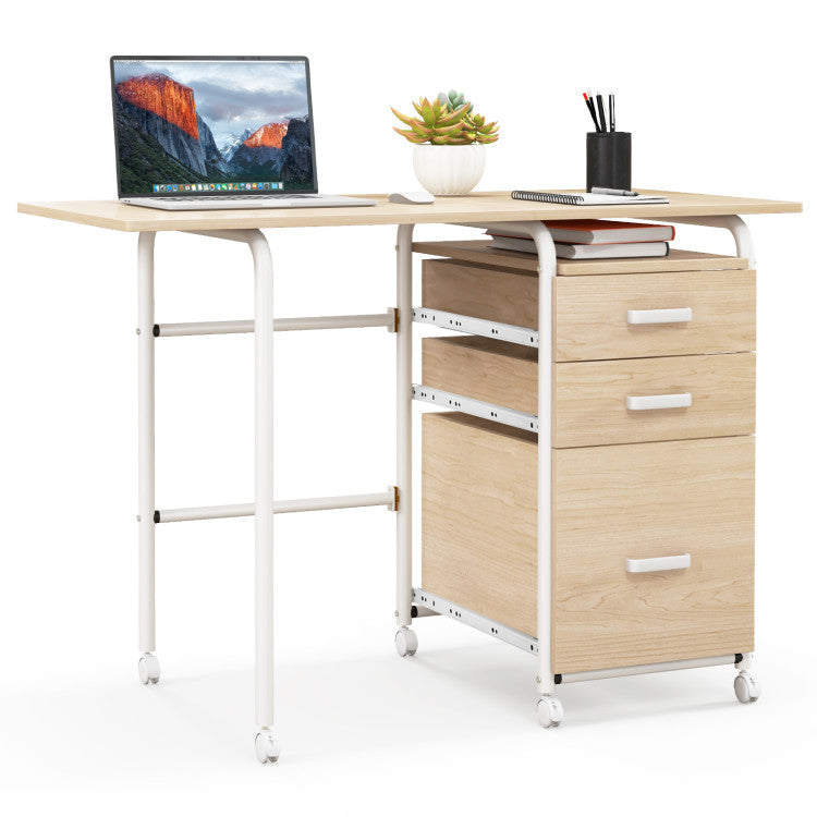 Computer Laptop Folding Desk with Wheels and 3 Drawers