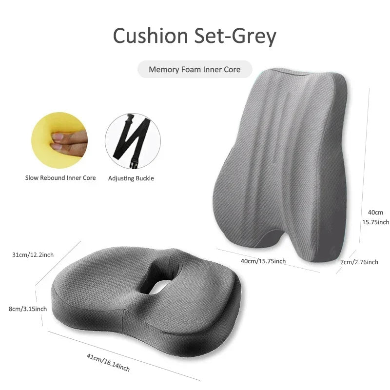 Memory Foam Seat Cushion Waist Back Support Pillow Set (Gray)